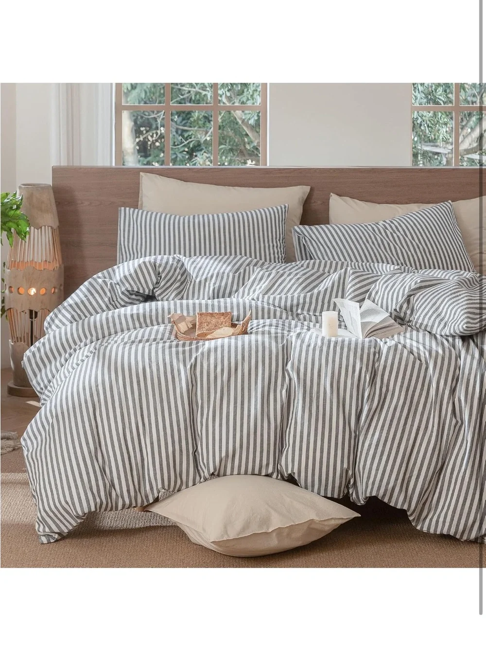NEW MooMee Classic Striped Duvet Cover Set 100% Washed Cotton Linen Like Texture